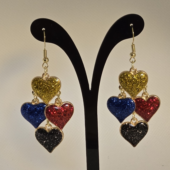Gold, Red, Blue, and Black Heart Dangle Earrings - Picture 1 of 6